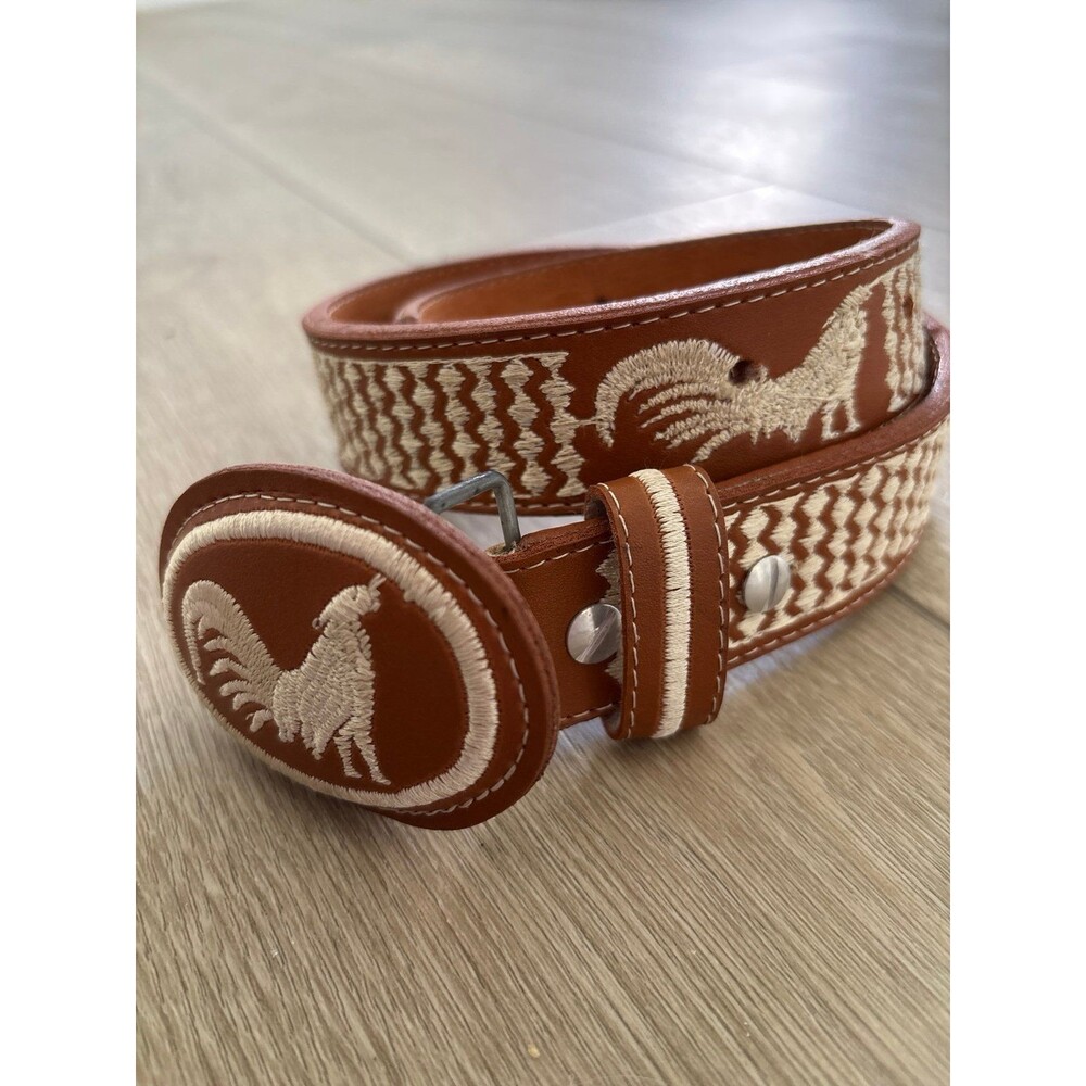 Yak Leather Silk Embroidered Western Rodeo Cowboy Belt Tan White Rooster Sz S